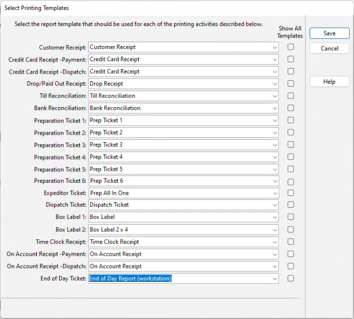 Select Printing Templates